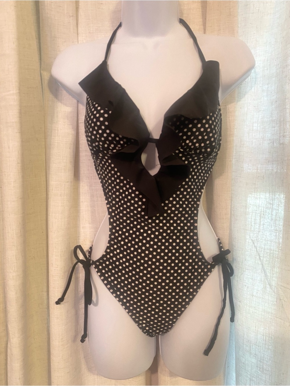 Joe Boxer Polka Dot Monokini Swimsuit M Black White Ruffle Keyhole Hot Pink